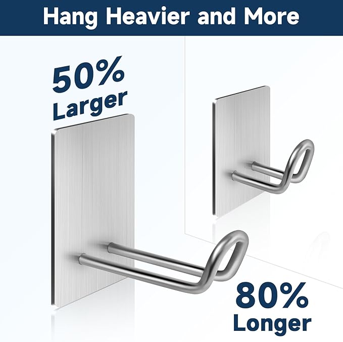 Quavzotu Self Adhesive Hooks Heavy Duty, Large Stainless Steel Towel Hooks, No Drill Sticky Hooks, Long Stick on Shower Wall Hooks for Hanging Hat Coat Key Headphone (Silver(6Pcs))