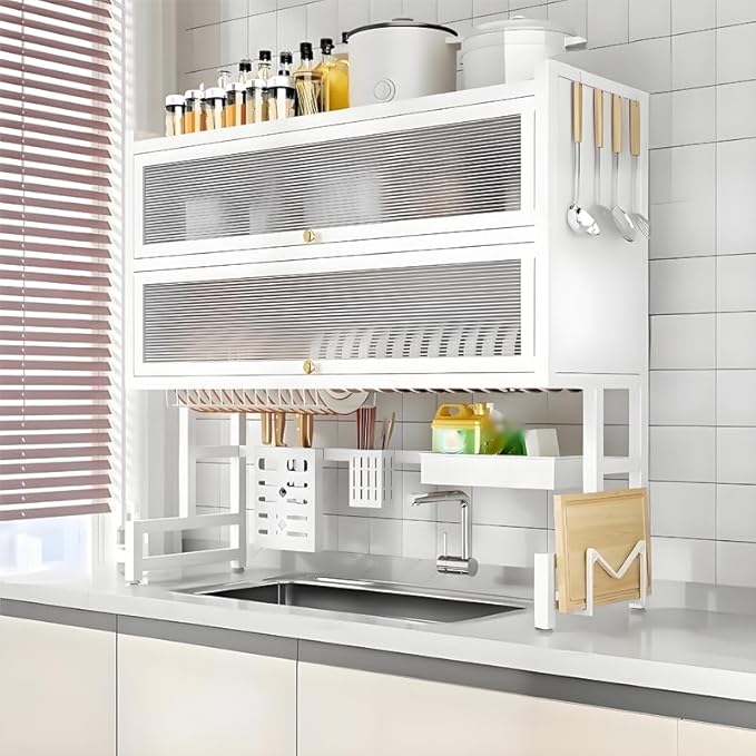 Over Sink Dish Drying Rack, Iron Over The Sink Dish Rack, Over Sink Rack, for Dishes, Glasses, Bowls, Cutlery White 37.4in