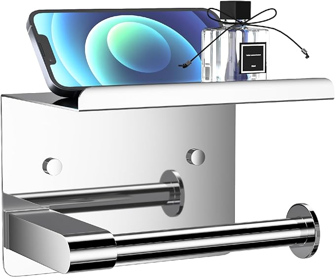Chrome Toilet Paper Holder Wall Mount, Fits Mega Rolls Size Sliver Toilet Paper Holder with Shelf, Rustproof Stainless Steel Toilet Roll Holder, Self Adhesive Toilet Paper Holders Chrome