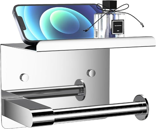 Chrome Toilet Paper Holder Wall Mount, Fits Mega Rolls Size Sliver Toilet Paper Holder with Shelf, Rustproof Stainless Steel Toilet Roll Holder, Self Adhesive Toilet Paper Holders Chrome