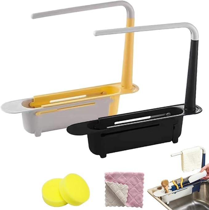 Updated Telescopic Sink Storage Rack, Dish Drying Rack over the Sink, Expandable Slim Drain Basket, Multifunctional Caddy Adjustable Kitchen Sponge Holder, for Counter Space Bathroom (2 PCS-A&B)