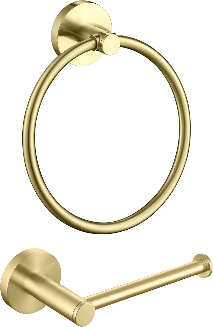 KIBI Toilet Paper Holder and Towel Ring Set | Brushed Gold Bathroom Hardware Set, Wall Mounted Hand Towel Holder and Towel Hanger | Solid Brass Construction, C-KBA14-2-2