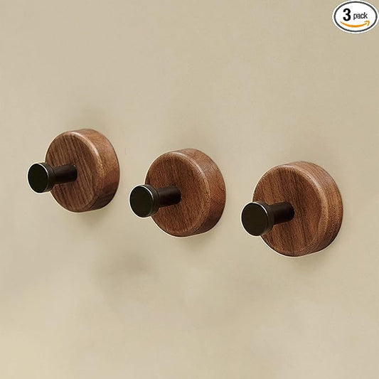 Stacknovo No-Drill Wall Hooks (3-Pack) - Dark Walnut Decorative Adhesive Hooks for Towels, Hats & Robes, Strong Damage-Free Hanging in Bathroom, Kitchen, Bedroom (3, Black)