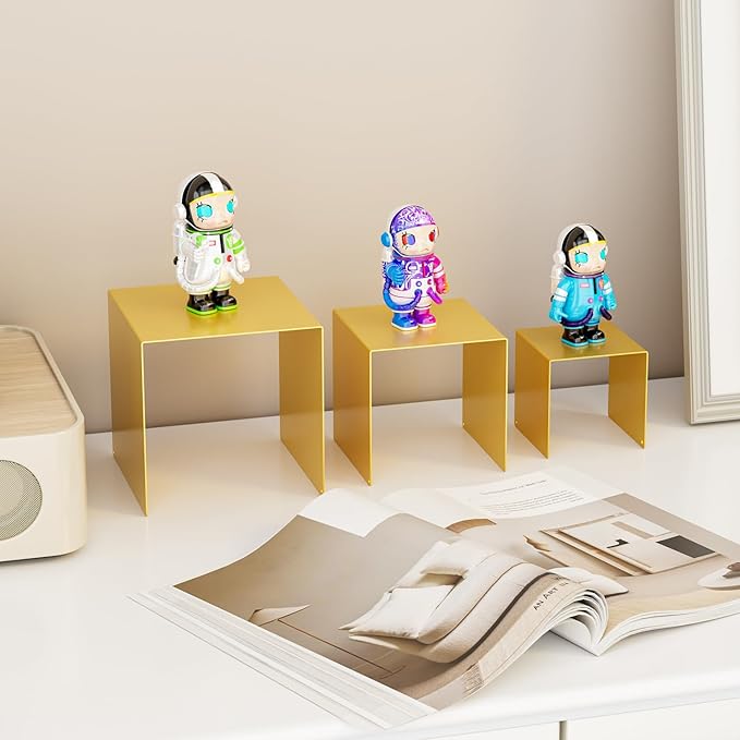 Matte Metal Display Stand,6 Pcs 2 Set Display Risers for Display, Metal Rectangular Display Shelf for Showcase, Dessert, Toys, Perfume (Gold, 3''x4''x5)