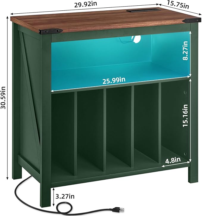 Large Record Player Table with Charger Station & LED Lights, Vinyl Record Storage Player Table up to 230 Albums, Turntable Stand with Display Shelf for Music Room Bedroom Living Room (Green)