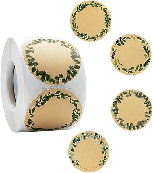 HAHIYO 2In 500P Round Natural Brown Kraft Stickers with Green Leaf Wreath Design - 4 Unique Styles Blank Kraft Labels Roll to Write On Durable Dot Stickers for Jar Canning Price Tags Store Organizing