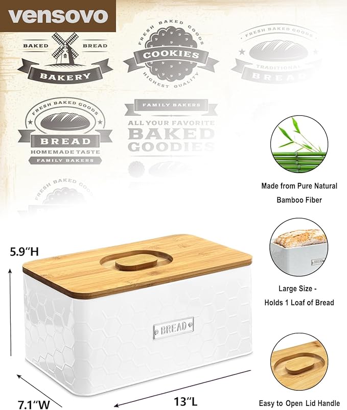 vensovo Bread Box for Countertop – Large White Metal Bread Bin with Bamboo Cutting Board Lid, Farmhouse Bread Storage Container for Homemade Bread, Baked Goods & Kitchen Counter Organization