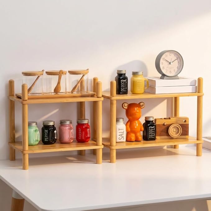Bamboo Cabinet Organizer Set (2) - Counter Shelf Organizer & Bamboo Organizer Bins Fit, Expandable Cabinet Shelf Organizer for Kitchen Counter/Bathroom - Useful Home & Housewarming Gift(Medium)