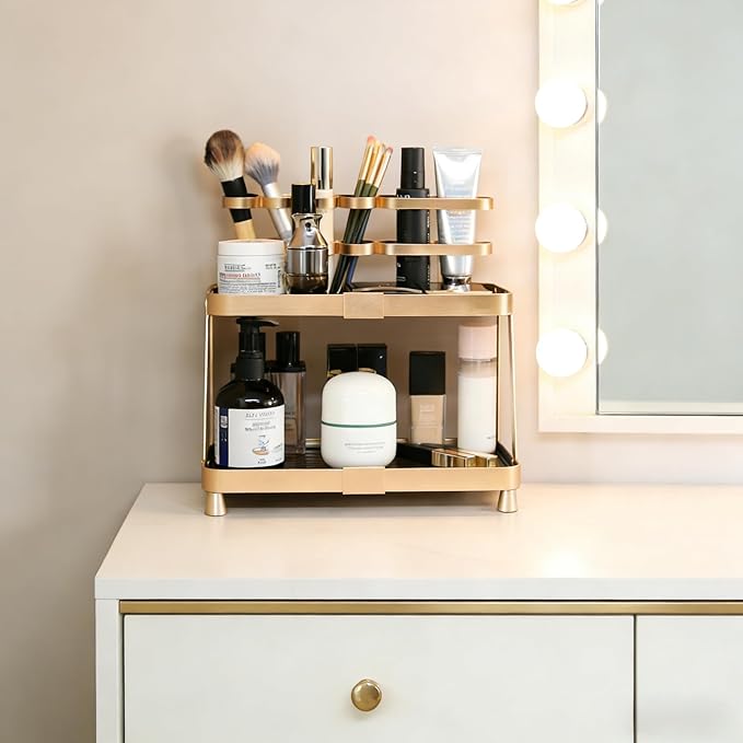 YUPER Bathroom Countertop Organizer, 2-Tier Vanity Organizer With Makeup Brush Holder, Large Countertop Tray for Skincare, Perfume, Cosmetics, Bathroom Sink Organizer Countertop