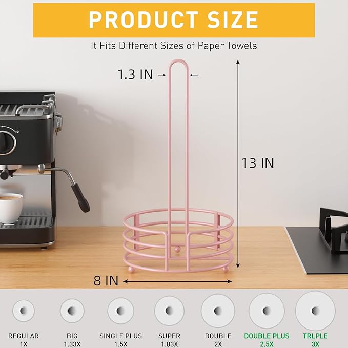 Buruis Paper Towel Holder for Kitchen Countertop, Pastel Pink - One Hand Tear with 8" Wide Base, 13" Height, Raised Feet & U-Handle - Heavy-Duty Steel Stand, Fits Jumbo Mega Rolls