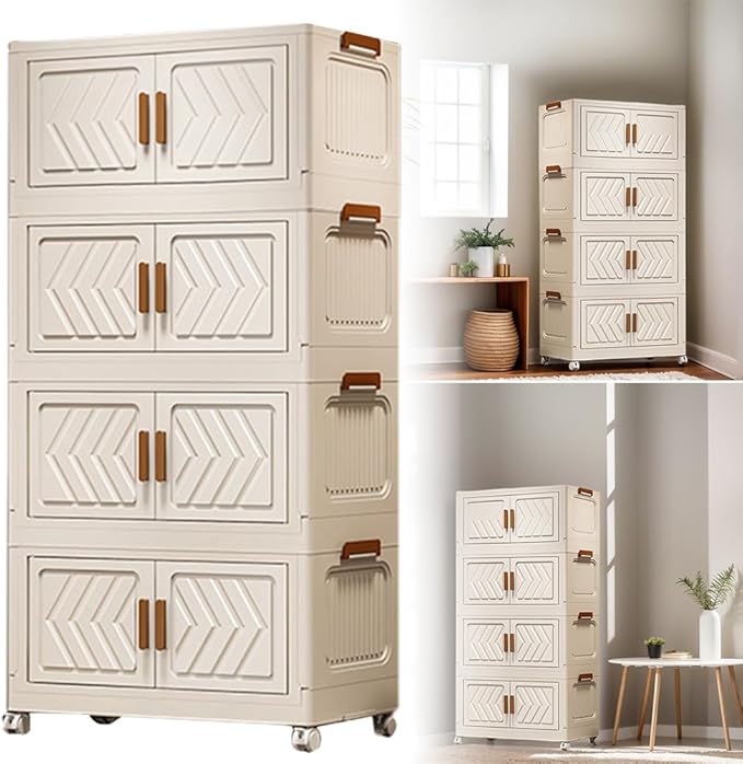 ETOYA 4-Tier Stackable Storage Bins with Lids & Wheels - 14.96"x10.24"x35.43" Collapsible Organizer Foldable Container, Plastic Storage Containers for Living Room, Office, Dorm Organization