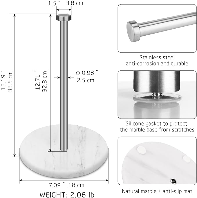 Paper Towel Holder Countertop with 7" Weighted White Marble Base,Modern Free Standing Paper Roll Holder, Brushed Nickel Finish Stainless Steel Stand Paper Towel Holder for Kitchen and Bathroom