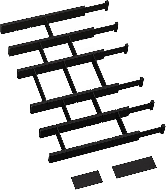 6 Pack Bamboo Drawer Dividers with 12 Inserts, Expandable Adjustable Clothes Drawer Organizers and Storage from 17" to 22" for Kitchen, Bedroom, Dresser, Cosmetics (Black)