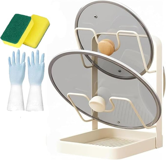 Kitchen Pot Lid Storage Rack, Pot Lid Holder While Cooking, Double Layer Lid And Spoon Rest With Tray, Multifunctional Organizer Spatula Holder For Stovetop Kitchen Counter (Double Layer-beige)