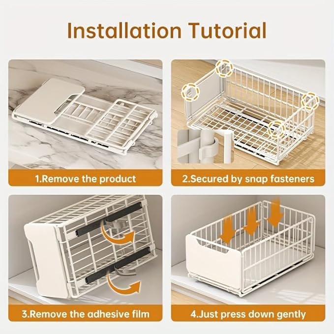 Pull Out Cabinet Organizer Fixed with Adhesive Nano Film, 1 Pack Sliding Mesh Cabinet Basket with Handle, Heavy Duty Slide out Pantry Shelves Drawer Storage for Home, Kitchen, Bathroom, Cream