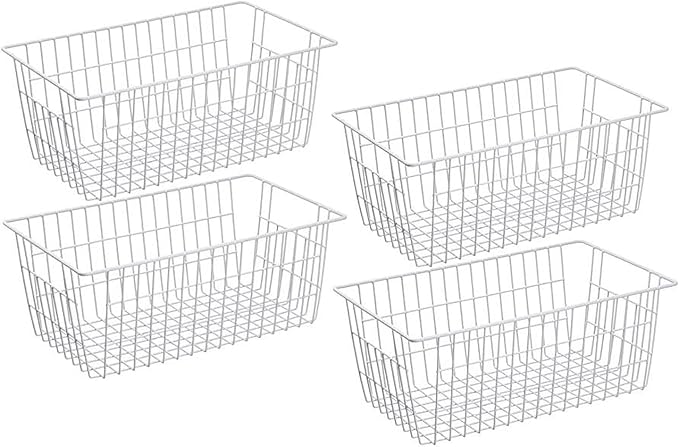 blitzlabs Wire Storage Basket Freezer Organizer Bins Food Storage Metal Baskets with Handles Pantry Organizer for Kitchen Freezer Cabinets Closet Bedroom Bathroom,Set of 4,White