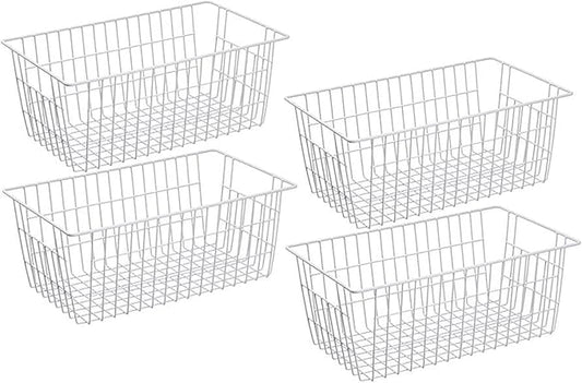 blitzlabs Wire Storage Basket Freezer Organizer Bins Food Storage Metal Baskets with Handles Pantry Organizer for Kitchen Freezer Cabinets Closet Bedroom Bathroom,Set of 4,White