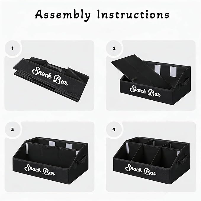 Snack Organizer for Countertop, Snack Basket with Adjustable Compartments via Velcro, 6 Compartment Food Container, Basket for Snacks with PU Handles, Black