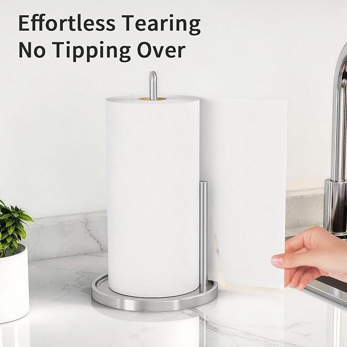 Paper Towel Holder Countertop, Freestanding Paper Towel Roll Holder with Weighted Base, Stainless Steel Standing Papertowel Holder for Kitchen, Silver