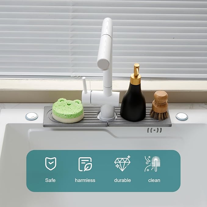 ODE TO ORDER Stone Faucet Mat for Kitchen Sink, kitchen sink splash guard for Bathroom Counter,15.7 Inch Light Grey Diatomite water-Absorbing Drying Stone Mat, Sink faucet Stone Tray Protector