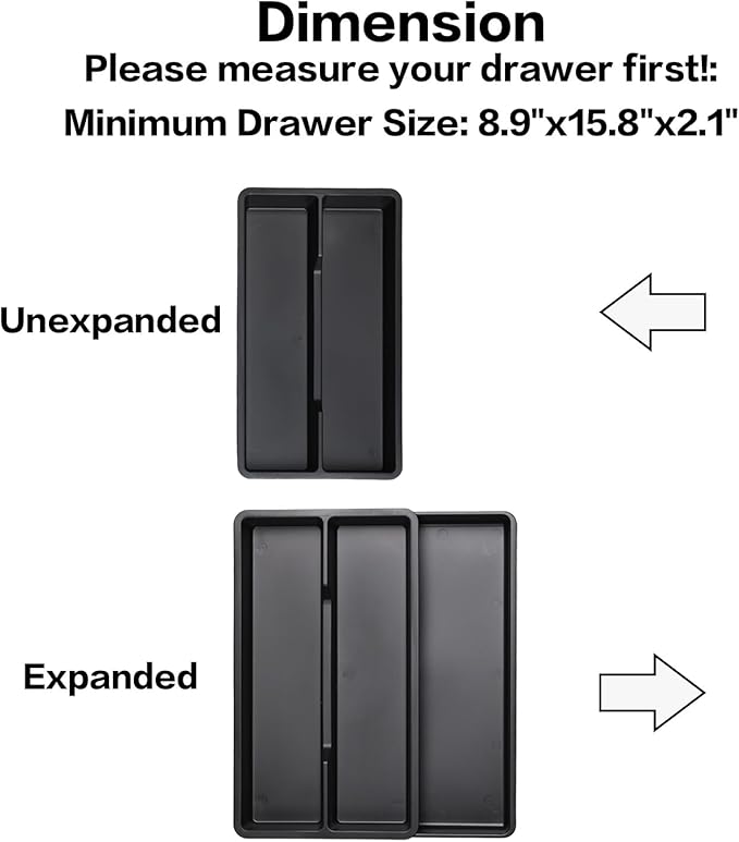 Expandable Utensil Drawer Organizer, Adjustable Silverware Tray for Kitchen Drawer, Cutlery & Flatware Holder with 3 Compartments, Black