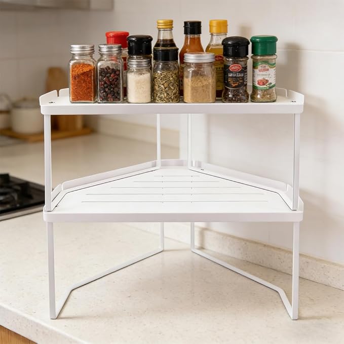 AKAZA 2-Tier White Corner Shelf Organizer, Stackable Metal Kitchen Cabinet Shelf with Non-Slip Mat, Storage Rack for Bathroom, Countertop, Utensils & Cabinet Organization