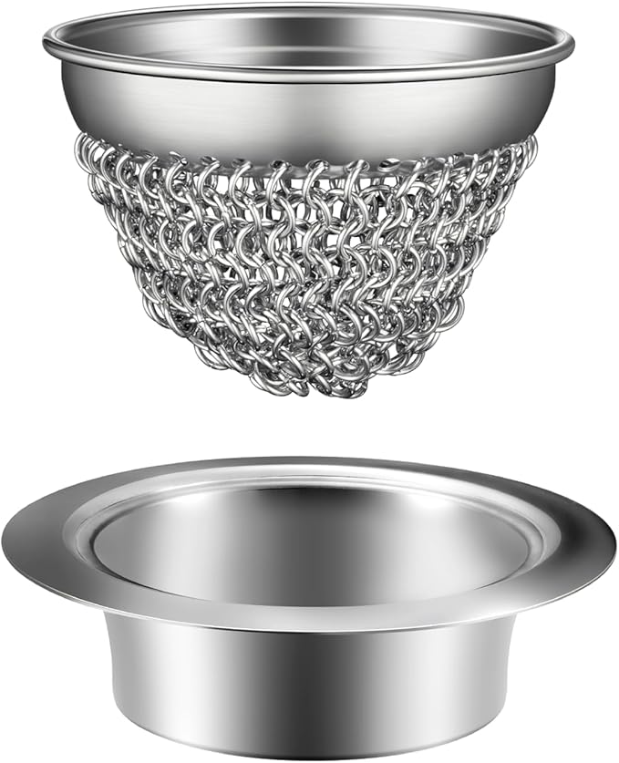 Kitchen Sink Strainer (1-Set Silver): with Adapter, Flexible Insert Chain Mesh Screen. 304 Stainless Steel, Clog-Free Catcher for Universal Sizes (Garbage Disposal)