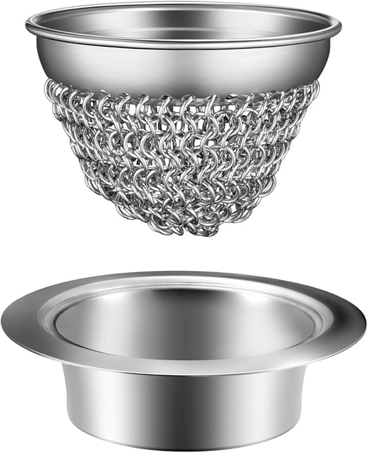 Kitchen Sink Strainer (1-Set Silver): with Adapter, Flexible Insert Chain Mesh Screen. 304 Stainless Steel, Clog-Free Catcher for Universal Sizes (Garbage Disposal)