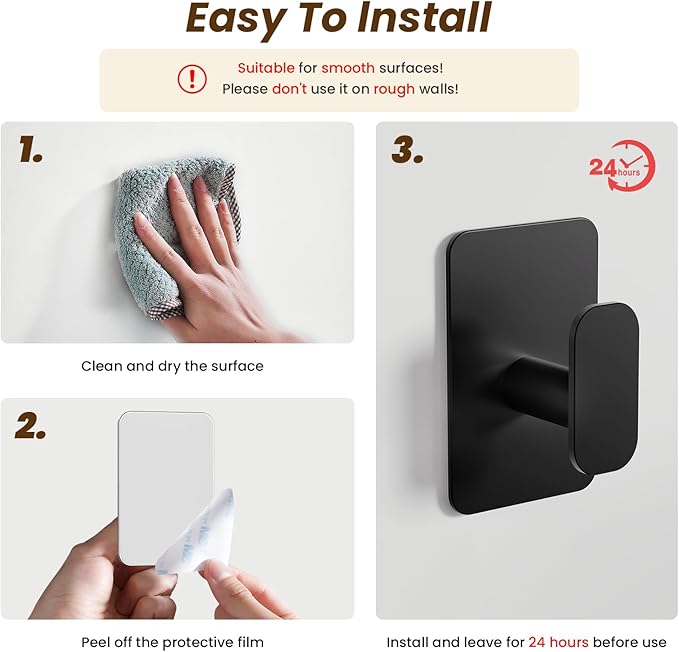 Eowihor Heavy Duty Self Adhesive Hooks - 26lb Max, Sticky Wall Hooks Stainless Steel for Hanging Towel, Coat, Robe, Waterproof & Rustproof Hooks Stick on Bathroom, Shower, Kitchen (Black, 4 Pack)