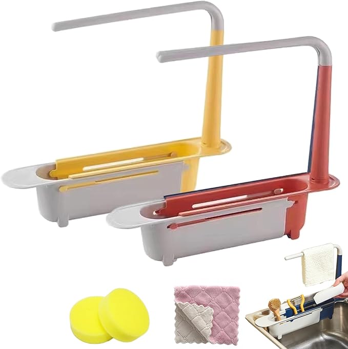 Updated Telescopic Sink Storage Rack, Dish Drying Rack over the Sink, Expandable Slim Drain Basket, Multifunctional Caddy Adjustable Kitchen Sponge Holder, for Counter Space Bathroom (2 PCS-A&D)