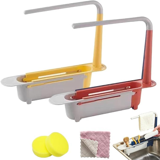 Updated Telescopic Sink Storage Rack, Dish Drying Rack over the Sink, Expandable Slim Drain Basket, Multifunctional Caddy Adjustable Kitchen Sponge Holder, for Counter Space Bathroom (2 PCS-A&D)