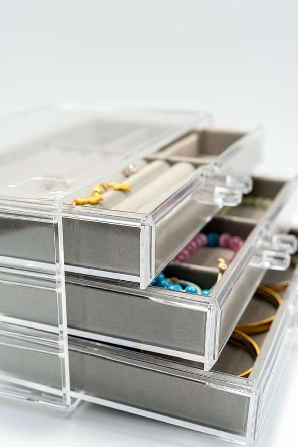 Clear Jewelry Organizer with 3 Drawers, Earring Organizer Jewelry Boxes for Women, Acrylic Earrings Display Holder for Storing Necklaces Earrings Rings, Grey