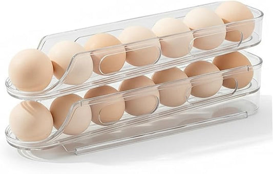 Egg Storage for Fridge 2 Tier Automatic Scrolling Egg Holder for Fridge, Stackable Space-Saving Clear Plastic Storage Container