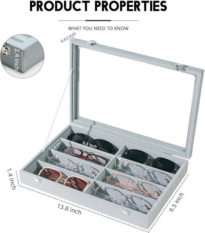 Glasses Holder Box Drawer Sunglass Organizer for Men Clear Wide Storage Case 8 Slots Multiple Reading Glasses Display, Gray Velvet With Clear Glass Lid