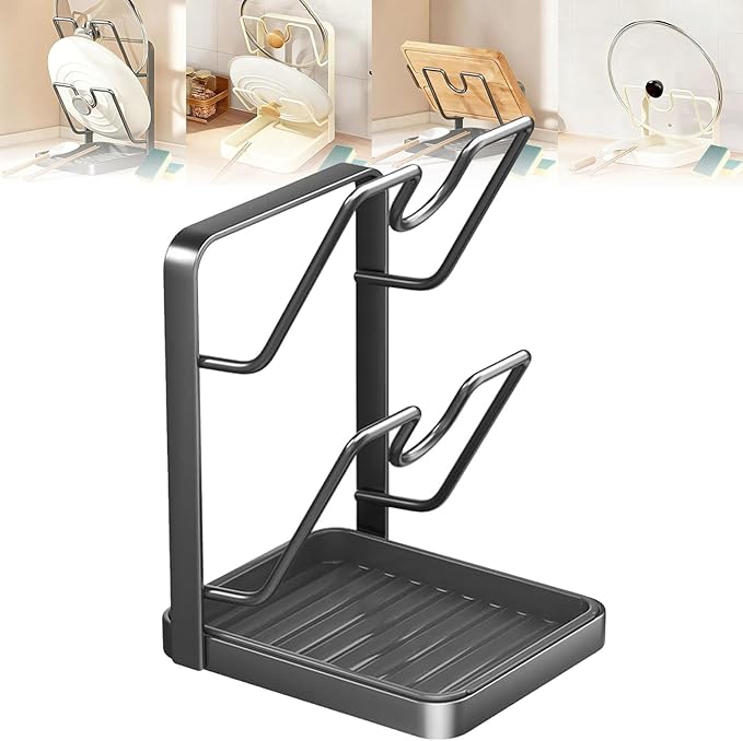 Kitchen Pot Lid Storage Rack, Stainless Steel Pot Lid Holder While Cooking with Removable Drip Tray, Pot Lid Organizer Rack for Countertop, Kitchen Pot Lid Holder & Utensil Rest (Gray, Double-layer)