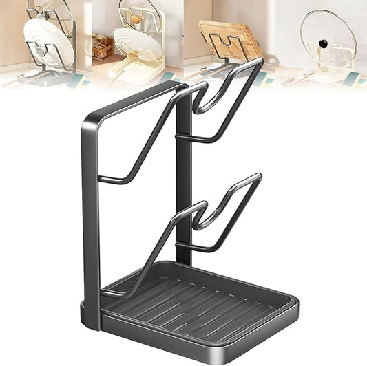 Kitchen Pot Lid Storage Rack, Stainless Steel Pot Lid Holder While Cooking with Removable Drip Tray, Pot Lid Organizer Rack for Countertop, Kitchen Pot Lid Holder & Utensil Rest (Gray, Double-layer)