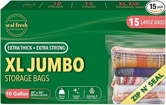 Seal Fresh 10 Gallon Large Plastic Storage Bags – 24" x 24" (15 Count) – Reusuable XXL Extra Large Heavy Duty Clear Jumbo Freezer Zip Bags with Sealable Zipper Top For Clothes, Travel, Moving