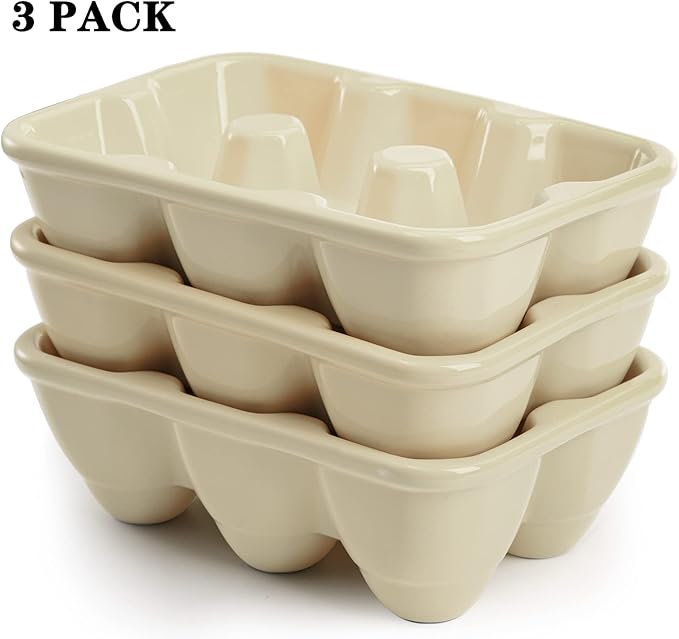 DEAYOU 3-Pack 18 Cups Ceramic Egg Tray, 6-Cup Porcelain Egg Holder Container, Decorative Egg Keeper Storage Organizer, Small Egg Dispenser Serveware for Countertop, Fridge, Serving, Kitchen, Yellow