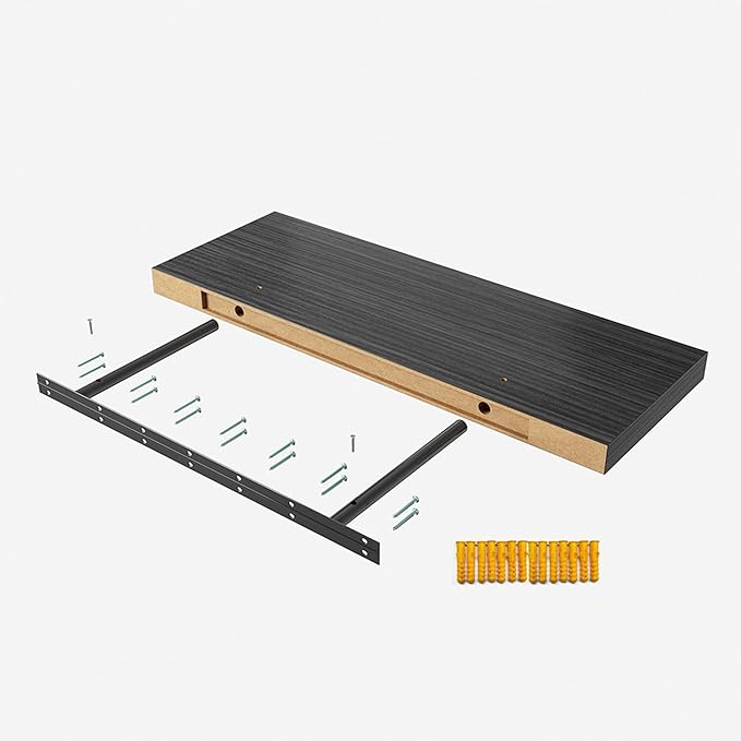 JPND Floating Shelf, Set of 3 Wall Shelf, 36 in W x 12.75 in D x 2 in H Wooden Floating Wall Shelf with Invisible Brackets for Living Room/Bedroom/Bathroom/Kitchen Storage and Decor, Black Wood