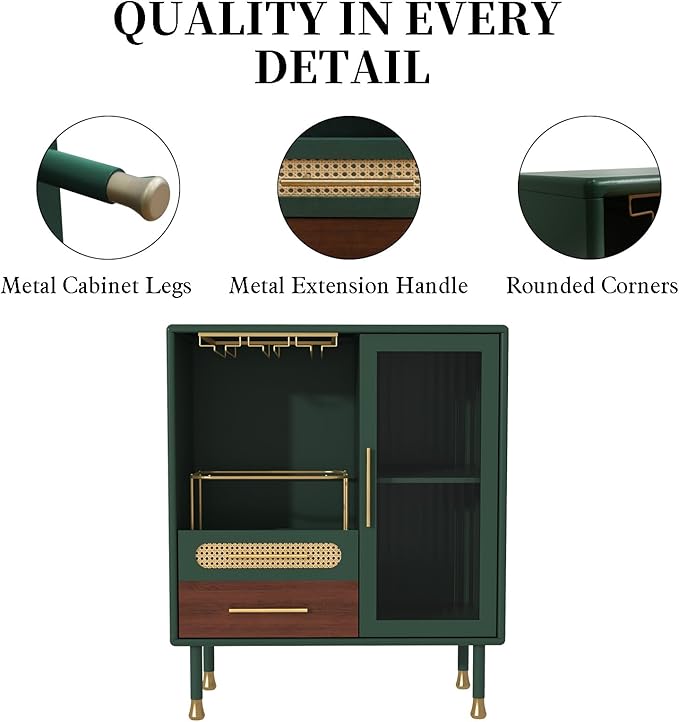 ARTPOWER Modern Coffee Bar Cabinet with Wine Glass Rack and Drawers, Green Liquor Cabinet with Pull-Out Wine Storage for Kitchen, Dining Room, Living Room