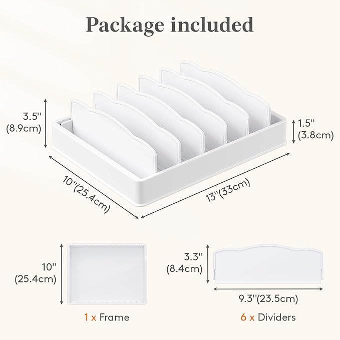 Lifewit Plastic Adjustable Lid Organizers Inside Cabinet, Lid Holder with 6 Dividers & 7 Sections for Kitchen Organization and Storage, Plate, Bowl Organizer for Tall Drawer and Pantry, 13" x 10"