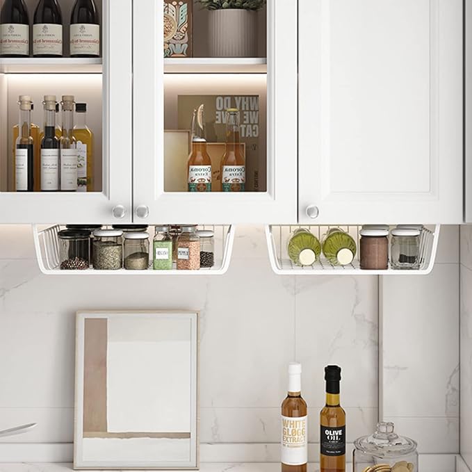 Under Shelf Storage Basket, Hanging shelf basket Slides Under Shelves for Storage Metal Under Cabinet Shelf Basket Organizer Space Saving for Kitchen Pantry Desk Bookshelf (White Pack of 2)