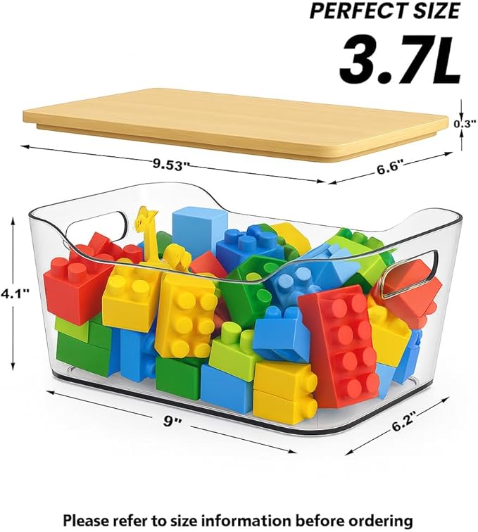 CiWiVOKi 6 Pack Clear Storage Bins with Bamboo Lids, Stackable Organization and Storage Containers with Handle for Pantry, Cabinet, Closet, Fridge, Bathroom, Organizer Bins for Home & Kitchen