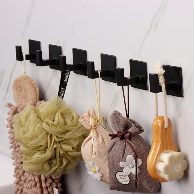 Vanloory Bath Towel Hook,6 Pack Self Adhesive Square Coat Hooks, Sturdy No Drilling Robe Hook, Heavy Duty Aluminum Clothes Hanger, Wall Hooks for Bathroom Bedroom Kitchen (2 Inch,Black)