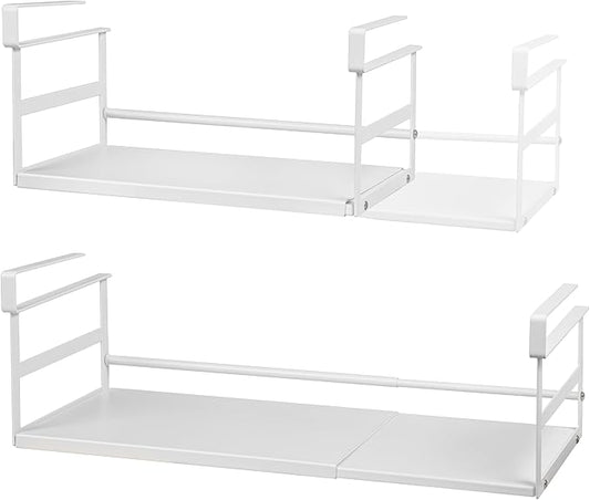 2Pack Under Shelf Storage Basket Organizer Expandable Width Add-On Space Saver Hanging Under Cabinet Pantry Kitchen Countertop Desktop Board Slide-In White Heavy-Duty Metal Higher & Wider Size