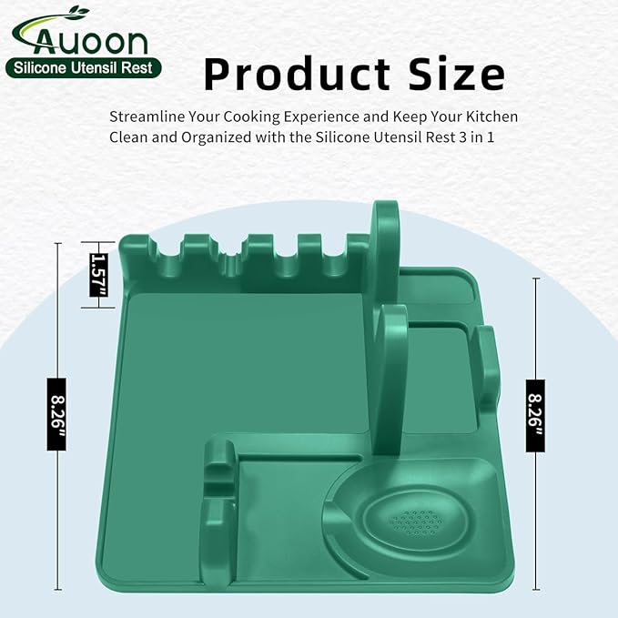 AUOON Spoon Holder for Stove - Silicone Spoon and Lid Rest with Drip Pad Kitchen Utensil Rest for Spoons, Ladles, Spatulas, Tongs & More (Sea Blue, Large)