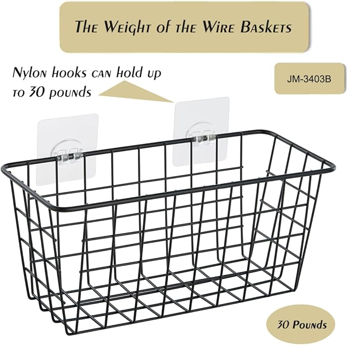 JUNCHU CHERRY 5 Pack Hanging Storage Basket, Bathroom Basket, Household Goods, with Traceless Tape, no Drilling, for Cabinet Storage, Kitchen, Bathroom, Storage Room,Black