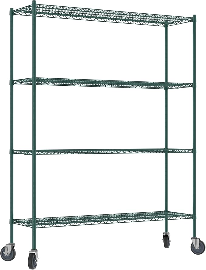Commercial NSF Listed Green Epoxy Mobile Wire Shelving Kit 18" x 60" x 80", with 4 Shelves Perfect for Warehouse, Walk-in Refrigerator, Freezer, Grocery Store, Restaurant, Dishroom