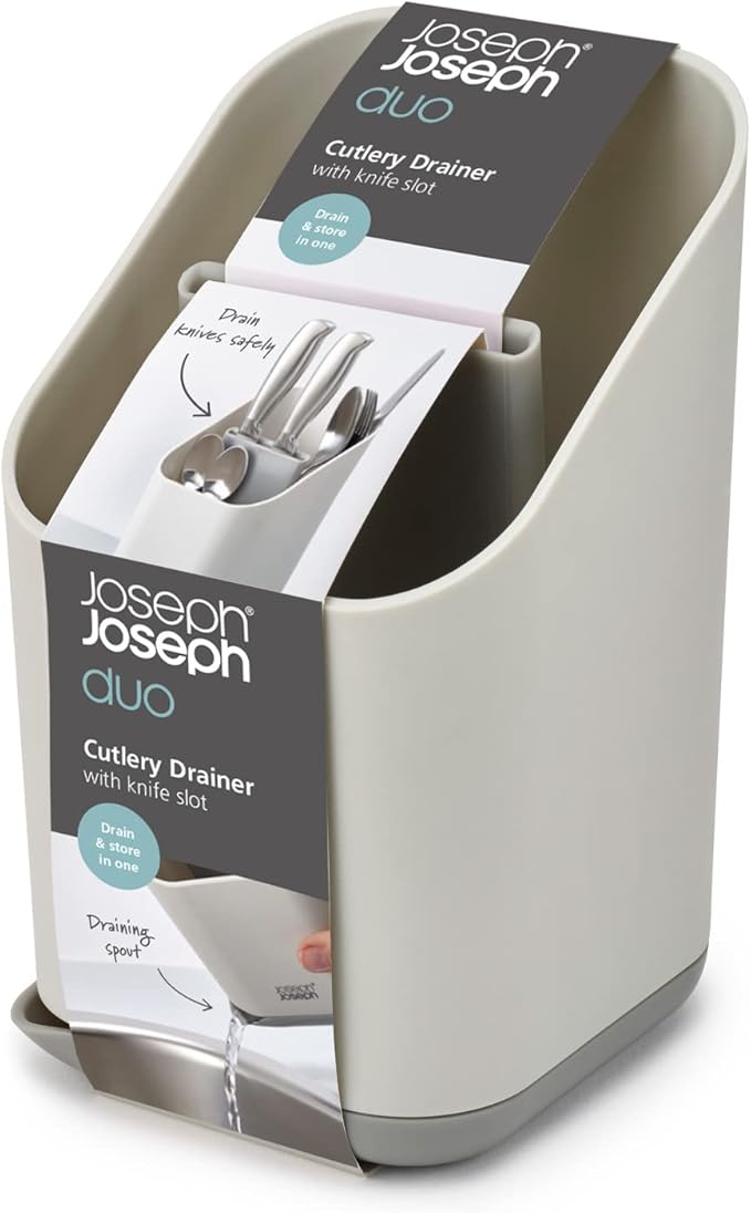 Joseph Joseph Duo Kitchen Sink Cutlery Drainer with Knife Slot, Kitchen Sink Drying Rack Cutlery Organizer, Grey