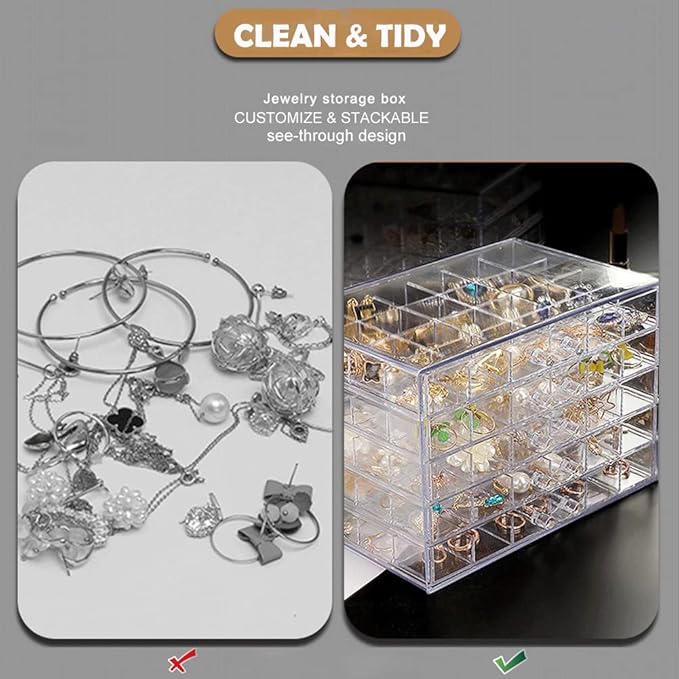 Earring Storage Box Acrylic Jewelry Storage Holder Ring Clear Plastic Transparent Jewelry Display Stand with 5 Drawers 120 Small Compartment Tray for Women Girls